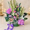 Exotic flower arrangement in Bangalore with tuberose, pink hydrangea, oriental lily and eustoma in a wooden crate