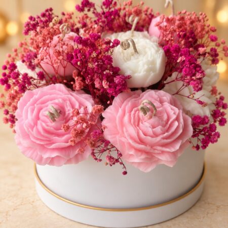 Pink and white peony shaped candles with dried pink baby's breath, close-up