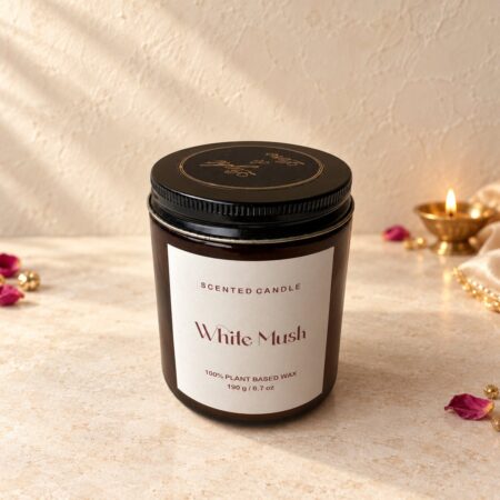 Scented candle gift in Bangalore in an amber glass jar with black metal lid