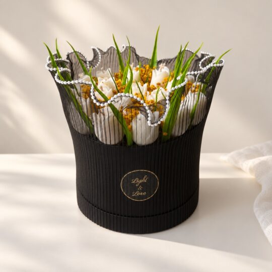 Tulip candle bouquet in Bangalore with white tulip candles and dried mustard baby's breath in a black hat box