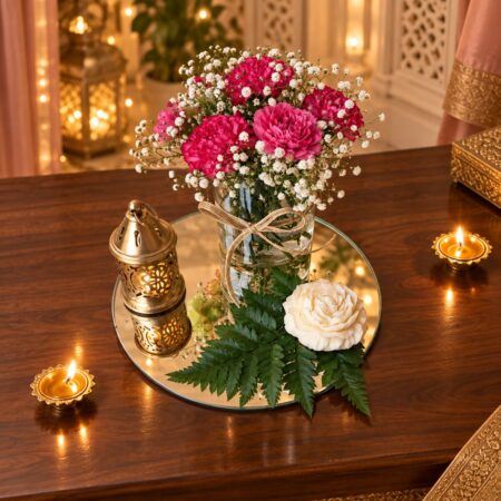 Dark pink carnation and baby’s breath centrepiece on a round mirror base, top angled view