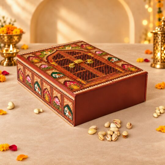 Rajwada jharokha print gift box side view showing painted elephant and lotus panels along the edge
