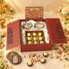 Dry fruits and chocolate gift box in Bangalore with cashew and pistachio jars and 9 Ferrero Rocher in a jharokha box