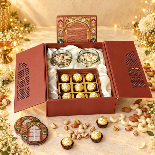 Dry fruits and chocolate gift box in Bangalore with cashew and pistachio jars and 9 Ferrero Rocher in a jharokha box