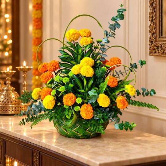 Marigold centrepiece with eucalyptus and looped grass in a woven coconut leaf basket on a marble console, front view