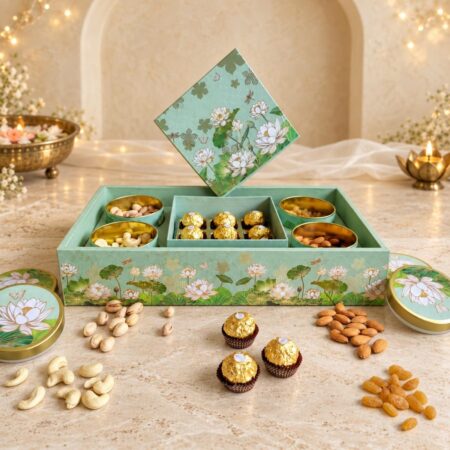 Mint & Gold Diwali dry fruits and chocolates box in Bangalore with pistachios, cashews, almonds, golden raisins and Ferrero Rocher in a lotus-print tray