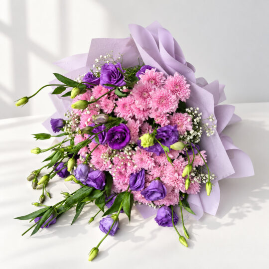 Lisianthus and pink chrysanthemum bouquet in lilac wrap lying flat, angled view