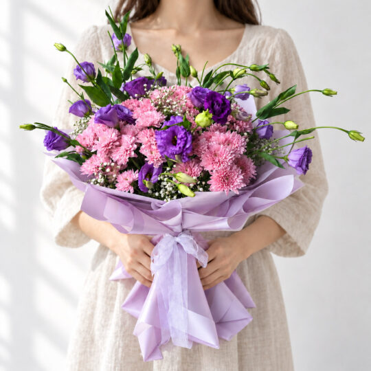 Purple lisianthus and pink chrysanthemum bouquet held in hands, front view