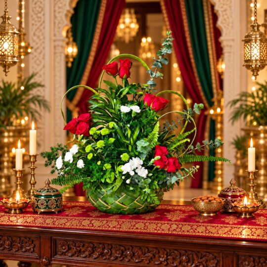 Tall red rose centrepiece with green chrysanthemums, ferns and looping grass in a handwoven basket, front view