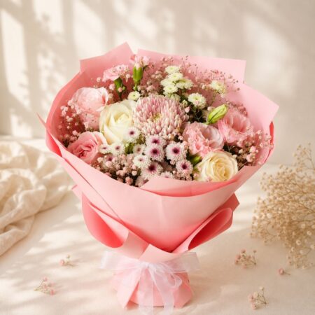 Strawberry Cream pastel mixed flower bouquet in Bangalore with pink and white roses, chrysanthemums and carnations in pink paper