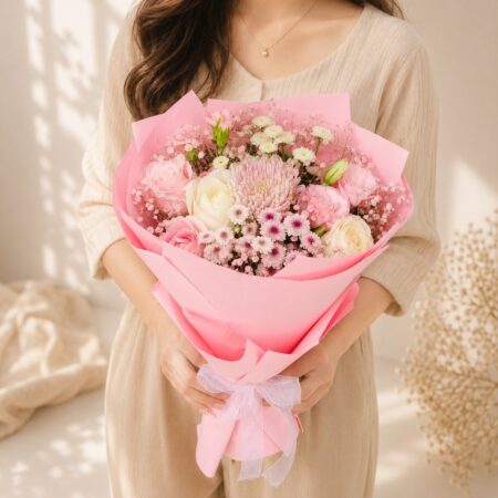 Pink and white mixed flower bouquet held in hand, wrapped in pink paper with a cloth ribbon