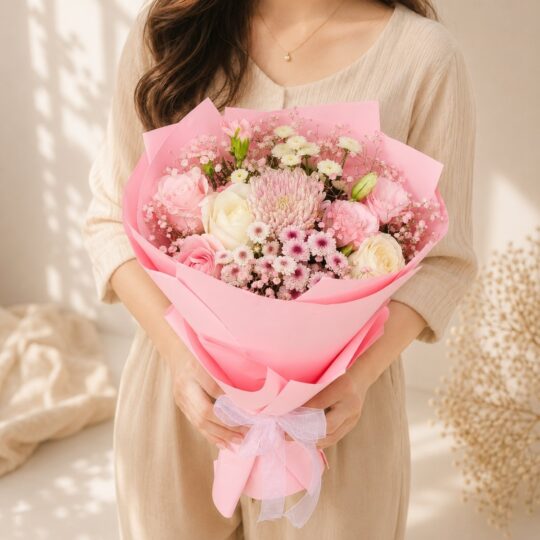 Pink and white mixed flower bouquet held in hand, wrapped in pink paper with a cloth ribbon