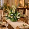 Tuberose and greens centrepiece in a woven coconut leaf basket on a dining table