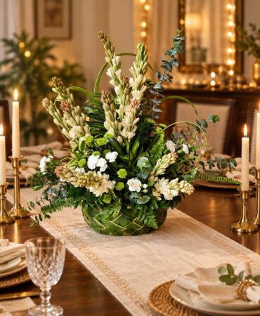 Tuberose and greens centrepiece in a woven coconut leaf basket on a dining table