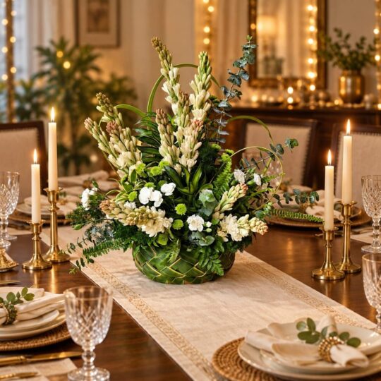 Tuberose and greens centrepiece in a woven coconut leaf basket on a dining table