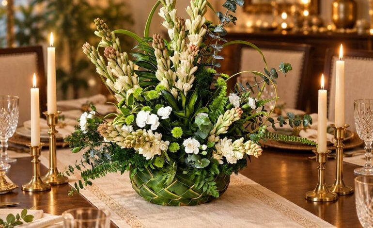 Tuberose and greens centrepiece in a woven coconut leaf basket on a dining table