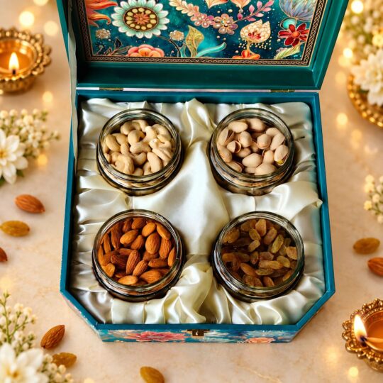 Top view of cashews, pistachios, almonds and golden raisins in four glass jars on cream satin inside a teal gift box
