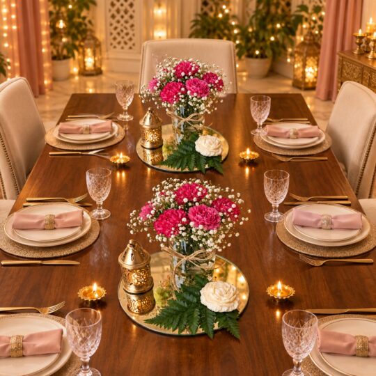 Two carnation mirror centrepieces with lanterns and rose candles shown for scale, wide view