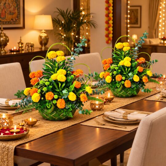 Two marigold centrepieces in woven leaf baskets on a Diwali dining table, shown for scale, wide view