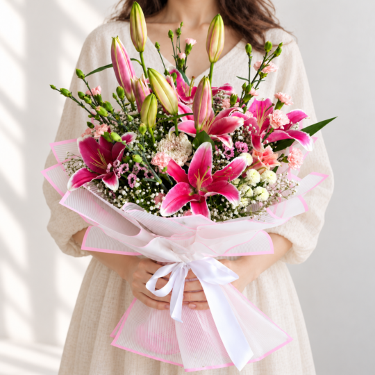 Woman holding an enlarged bouquet