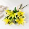 Fragrant yellow oriental lilies with open flowers, buds and green leaves on long stems