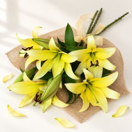 Three yellow oriental lily stems with open flowers and green buds, top view