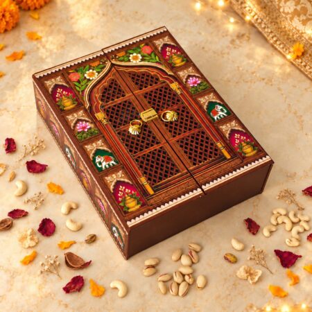 Double-door jharokha print MDF gift box with a latticed palace window design, elephants, lotuses and a gold latch