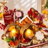 Rope basket Diwali hamper with gold jaali candle holders, laddoo candles and Ferrero Rocher, close front view