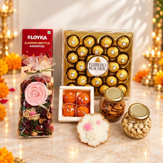 Contents of the Diwali hamper with Ferrero Rocher, Loyka almond brittle, potpourri, laddoo candles, urli diya candle, almonds and cashews