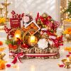 Diwali hamper basket with chocolates, dry fruit jars and LED candle holders, angled front view