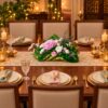 Long low pink hydrangea centrepiece on a dining table runner, top angle view