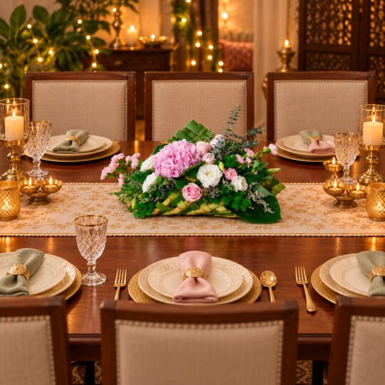 Long low pink hydrangea centrepiece on a dining table runner, top angle view