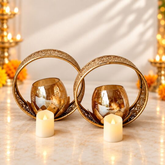 Gold metal twin candle holder set with amber glass bowls and 2 battery-operated LED candles
