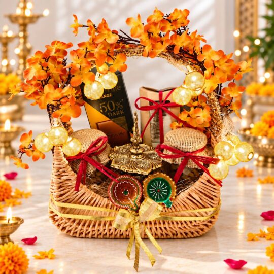 Diwali hamper with diyas in Bangalore with a peacock panch diya, clay diyas, pistachios, raisins and dark chocolate in a cane basket
