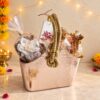 Diwali dry fruit potli hamper in Bangalore with cashew and almond potlis, potpourri and wax sachet in a rose gold bag