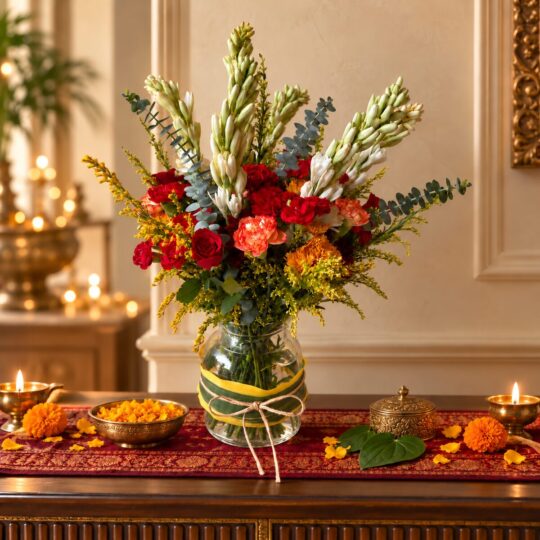Tuberose and red rose vase arrangement with golden rod on a console, front view
