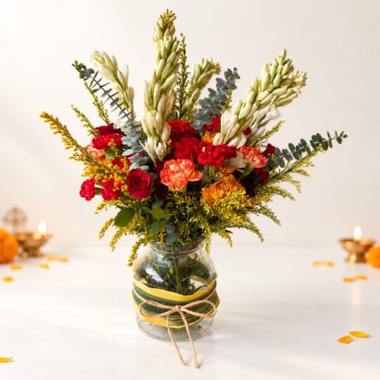 Fragrant tuberose vase arrangement in Bangalore with red roses, carnations, chrysanthemums, golden rod and eucalyptus in a glass jar vase