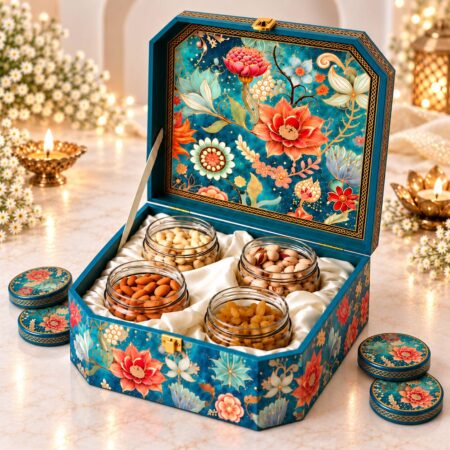 Premium dry fruits gift box in Bangalore with cashews, almonds, pistachios and golden raisins in glass jars inside a teal floral octagonal box