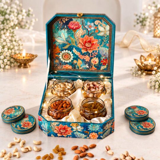 Teal floral dry fruits gift box with four glass jars of nuts and raisins lit with a cork fairy light