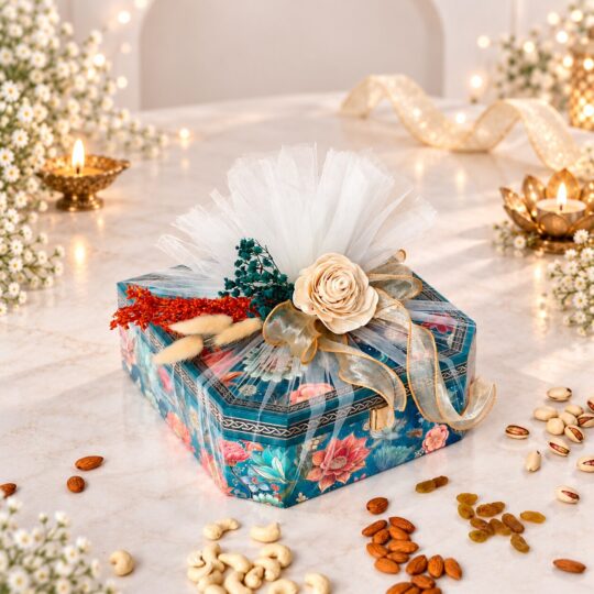 Front view of the open gift box with the cork fairy light draped around the four glass jars of dry fruits, lighting up the satin lining. The printed jar lids are placed on either side.